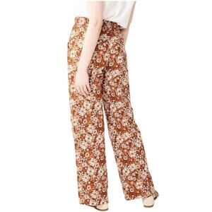 High Rise Wide Leg Linen Pants M Brown Cream Floral Boho Elastic Waist Summer
